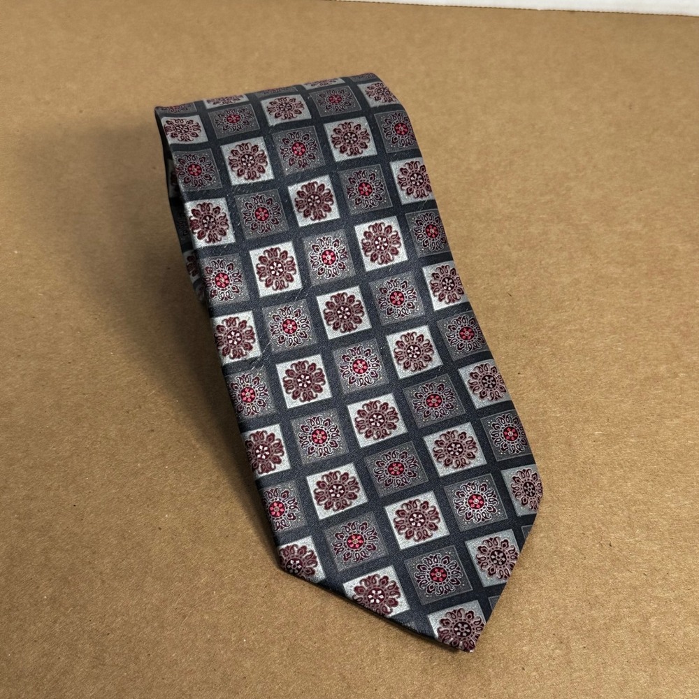 Ermenegildo Zegna Necktie Mens XL Grey Burgundy Silk Medallion Good Italy